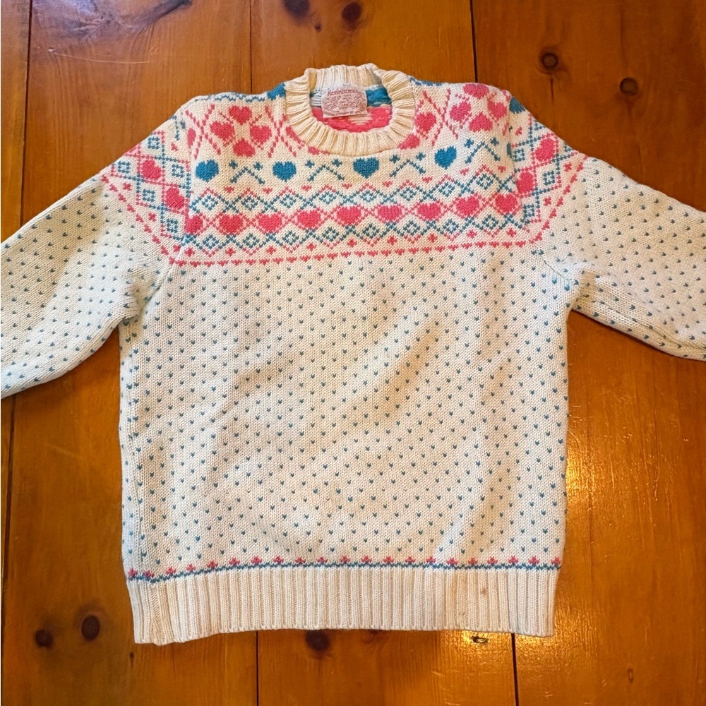 REMINISCENCE brand Cream Fair Isle Knit Sweater with Pink & Blue hearts